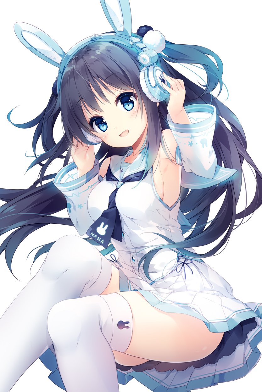 1girl :d animal_ears armpits ass bangs bare_shoulders between_breasts black_hair blue_eyes blue_neckwear blue_sailor_collar blush breasts buttons collared_shirt detached_sleeves eyebrows_visible_through_hair fake_animal_ears floating_hair hands_up head_tilt headphones highres invisible_chair knee_up long_hair long_sleeves looking_at_viewer medium_breasts miniskirt mochizuki_shiina neckerchief open_mouth original pleated_skirt pom_pom_(clothes) rabbit_ears sailor_collar shirt sideboob sidelocks simple_background sitting skirt smile solo thigh-highs two_side_up white_background white_legwear white_shirt white_skirt wide_sleeves