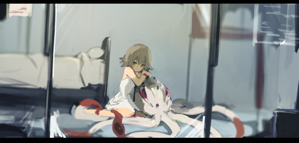 1girl bed closed_mouth dress from_outside grey_hair heterochromia indoors lansane letterboxed original red_eyes short_hair simple_background sitting smile tentacle tentacled_girl_(lansane) white_dress wristband yellow_eyes