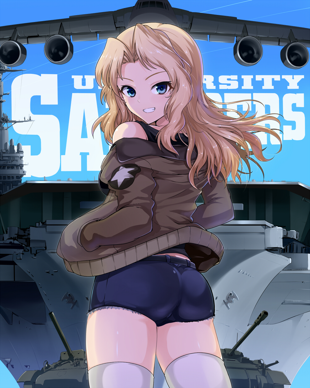 1girl aircraft aircraft_carrier airplane ass background_text black_shirt blue_shorts blue_sky brown_jacket c-5m_super_galaxy commentary cowboy_shot cutoffs day denim denim_shorts emblem english from_behind girls_und_panzer grin ground_vehicle hair_intakes hands_in_pockets highres jacket kasai_shin kay_(girls_und_panzer) long_hair looking_at_viewer looking_back m4_sherman military military_uniform military_vehicle motor_vehicle off_shoulder open_clothes open_jacket outdoors saunders_military_uniform sherman_firefly ship shirt short_shorts shorts sky smile solo standing star tank tank_top thigh-highs thighs uniform uss_george_washington_(girls_und_panzer) warship watercraft white_legwear wind