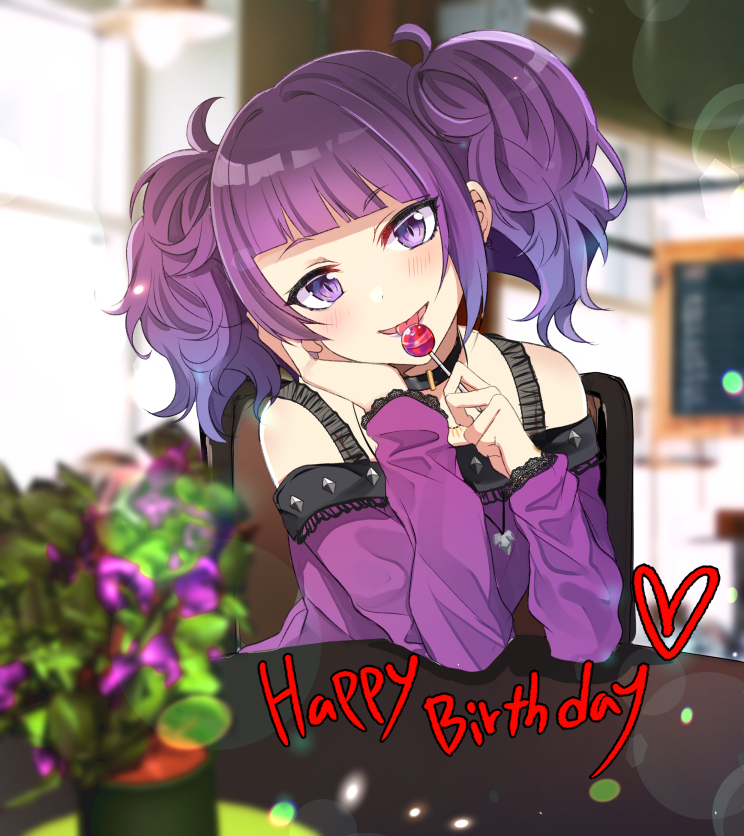 1girl bare_shoulders black_choker blunt_bangs blurry blush breasts candy ceiling_light chocho_(homelessfox) choker depth_of_field diagonal_bangs dot_nose eating elbows_on_table food hand_on_own_face happy_birthday head_rest holding holding_candy holding_food idolmaster idolmaster_shiny_colors indoors jewelry lens_flare lens_flare_abuse lollipop long_hair long_sleeves looking_at_viewer medium_breasts menu_board necklace off-shoulder_shirt off_shoulder on_chair plant potted_plant purple_hair purple_shirt shirt short_twintails sitting smile solo studded table tanaka_mamimi tongue tongue_out twintails violet_eyes window