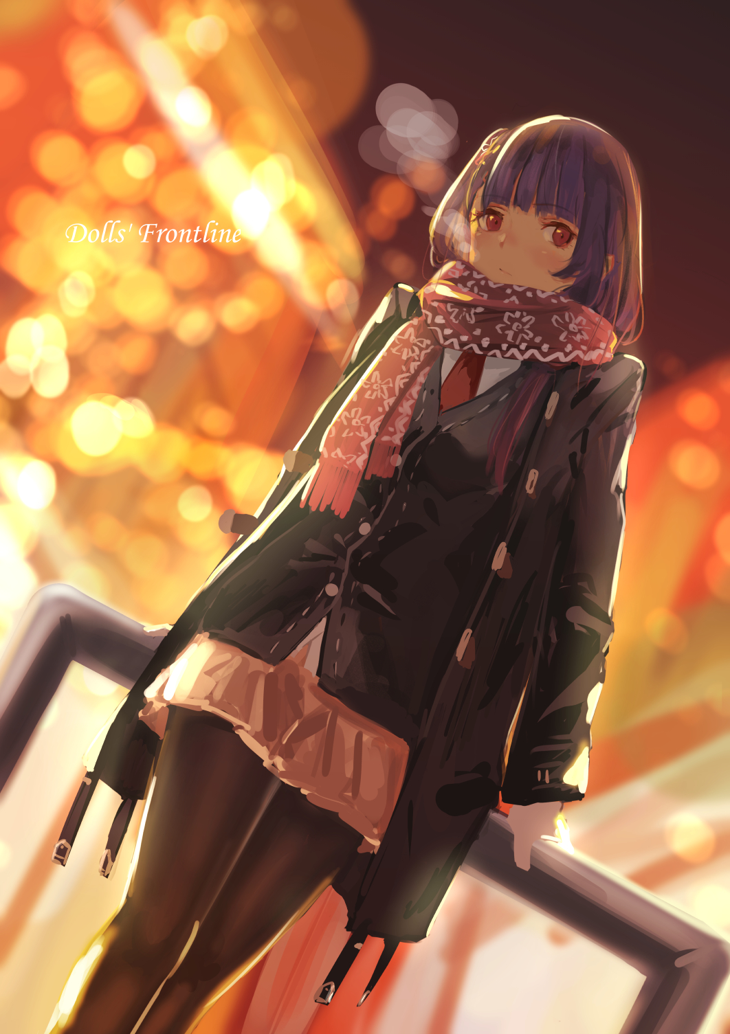 1girl bangs black_legwear blurry blurry_background blush braid breasts breathing brown_coat can closed_mouth coat dutch_angle eyebrows_visible_through_hair french_braid girls_frontline gloves hair_ornament hair_ribbon half_updo highres holding holding_can jacket large_breasts leaning_on_rail long_hair looking_at_viewer necktie night one_side_up open_clothes open_coat outdoors pantyhose purple_hair red_eyes red_neckwear red_scarf ribbon scarf shirt sidelocks skirt snowflake_hair_ornament snowflake_print snowing solo takagaki_eru very_long_hair wa2000_(girls_frontline) white_gloves