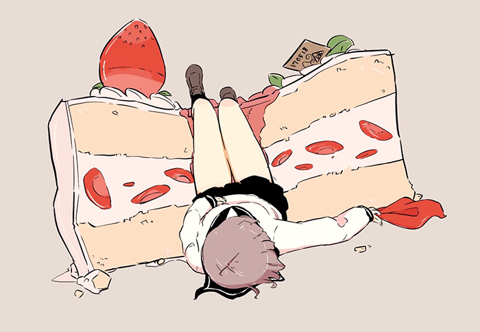 1girl black_sailor_collar black_skirt brown_footwear brown_hair cake daisukerichard food fruit grey_background holding legs_up long_sleeves lying on_back original oversized_object pastry sailor_collar school_uniform shirt shoes simple_background skirt slice_of_cake solo strawberry strawberry_shortcake uniform white_shirt