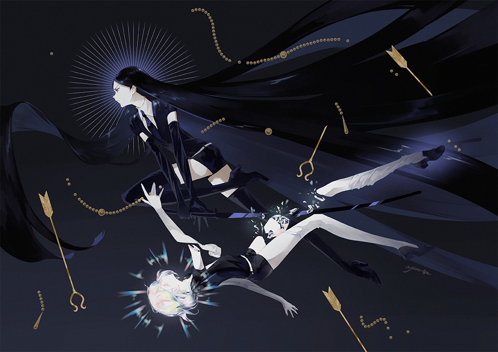 2others absurdly_long_hair ajimita amputee arrow black_gloves black_hair black_legwear black_neckwear black_shirt black_shorts bort closed_mouth diamond_(houseki_no_kuni) double_amputee elbow_gloves from_side gloves houseki_no_kuni long_hair multiple_others necktie shirt shorts thigh-highs very_long_hair white_hair