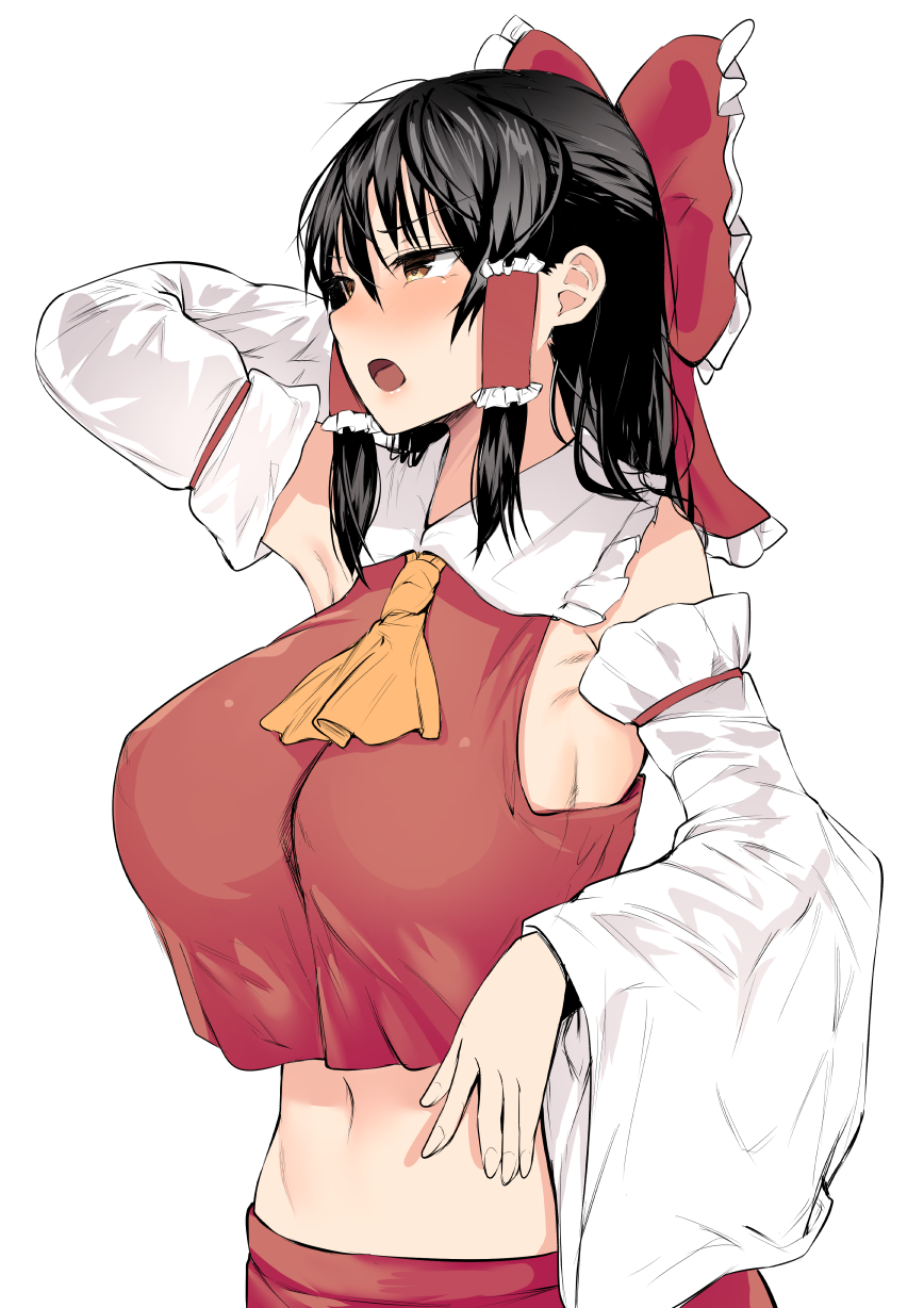 1girl armpits ascot asuzemu bangs black_hair blush bow breasts brown_eyes detached_sleeves frilled_shirt_collar frills hair_tubes hakurei_reimu hand_on_head highres large_breasts long_hair looking_to_the_side messy_hair navel nontraditional_miko open_mouth red_ribbon red_shirt ribbon shirt sideboob sleeveless sleeveless_shirt solo touhou white_background