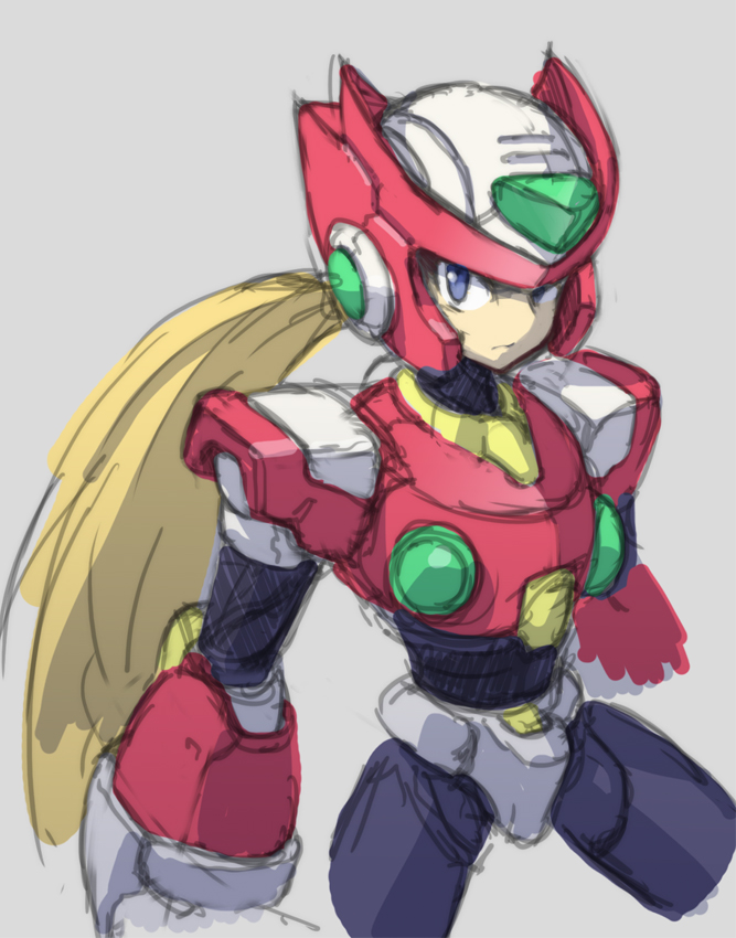 1boy android blonde_hair blue_eyes cowboy_shot cropped_legs grey_background helmet long_hair male_focus ponytail rockman rockman_x simple_background sketch solo yuusuke_(5yusuke3) zero_(rockman)