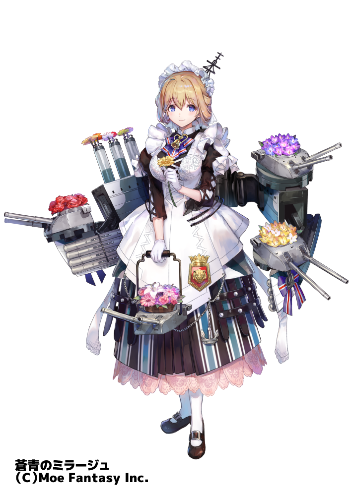 1girl apron azutarou bangs black_dress black_footwear blonde_hair blue_eyes cannon dress eyebrows_visible_through_hair flag_print flower flower_request gloves holding holding_flower long_sleeves looking_at_viewer maid maid_headdress mary_janes official_art pantyhose puffy_long_sleeves puffy_sleeves red_flower shoes shropshire_(steelblue_mirage) smile solo standing steelblue_mirage tachi-e union_jack white_apron white_gloves white_legwear yellow_flower