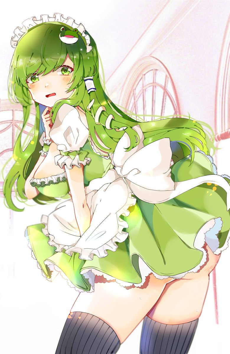 1girl alternate_costume alternate_outfit apron ass black_legwear blush breasts cuff embarasssed frills frog green_eyes green_hair hair_tube indoors kochiya_sanae long_hair maid maid_headgear open_mouth ribbon satoupote skirt snake thigh-highs thighs tongue touhou window wristcuff