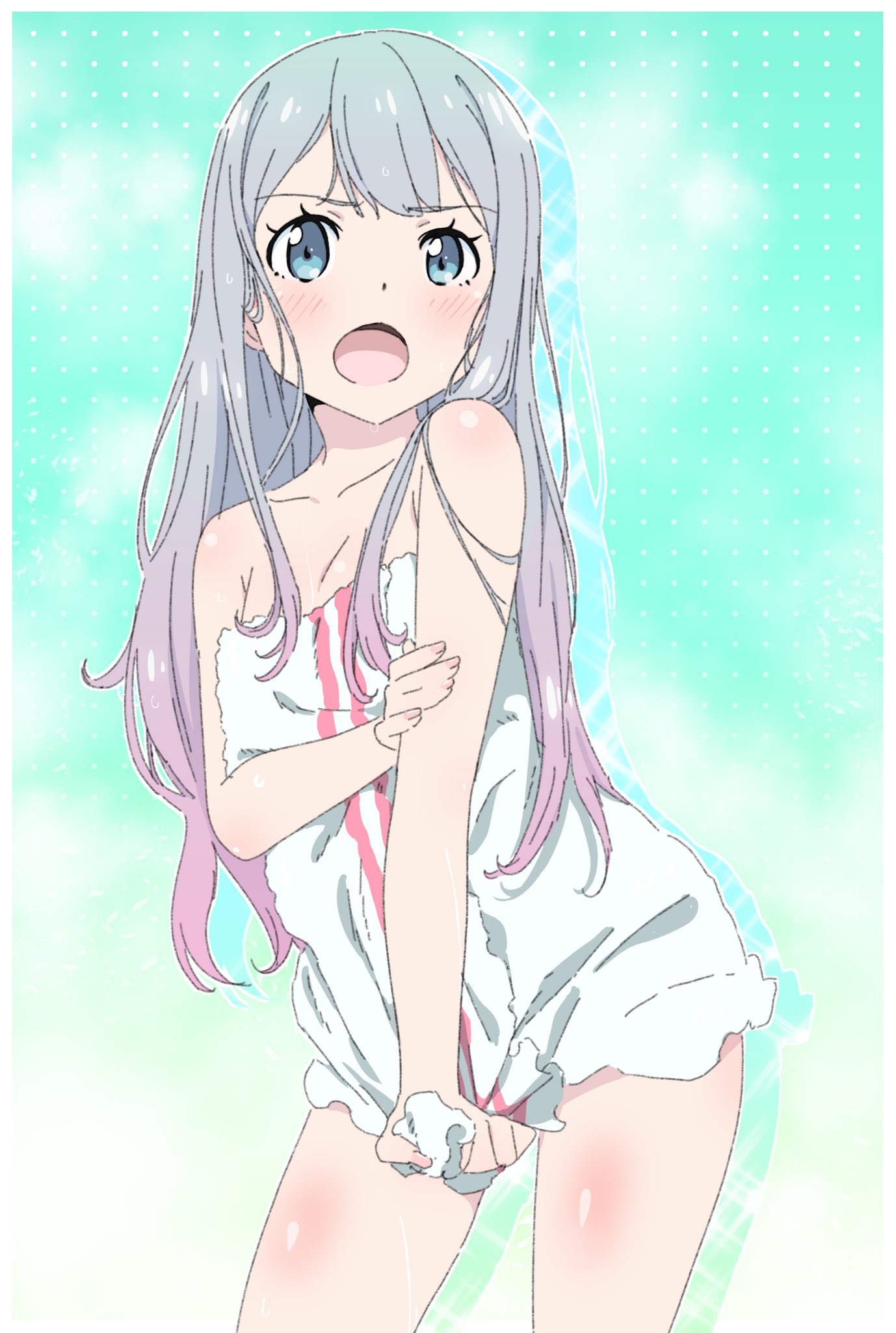 1girl blue_eyes blush collarbone cowboy_shot eromanga_sensei flat_chest gradient_hair highres izumi_sagiri long_hair multicolored_hair naked_towel open_mouth pink_hair pink_x print_towel shiny shiny_hair shiny_skin silver_hair solo standing towel towel_tug two-tone_hair white_towel