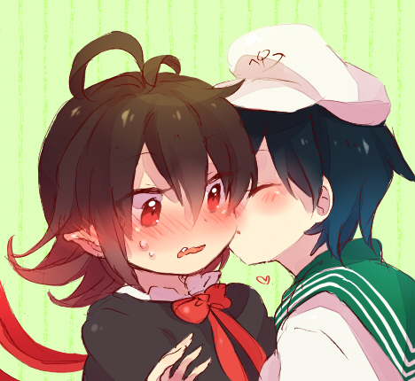 2girls anchor_symbol antenna_hair black_hair bow bowtie cheek_kiss closed_eyes fang hair_between_eyes hat heart houjuu_nue kiss looking_at_another lowres multiple_girls murasa_minamitsu open_mouth pointy_ears red_eyes red_neckwear red_wings short_hair soiri_(us) sweat touhou upper_body white_hat wings yuri