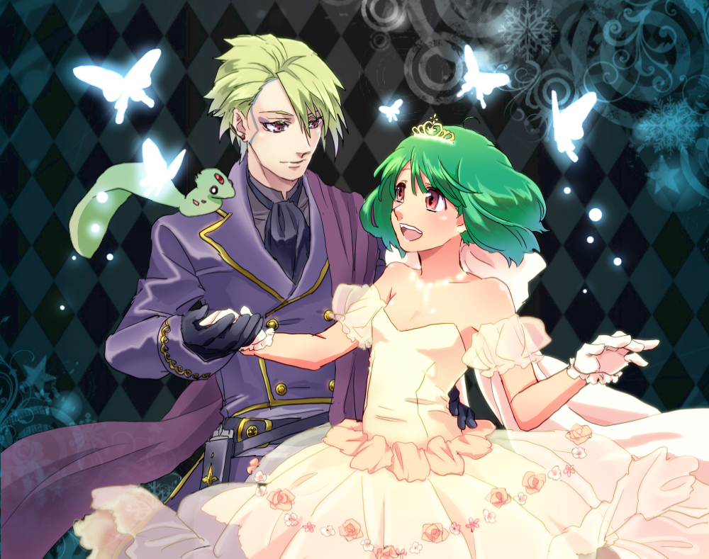 1boy 1girl ai-kun alternate_costume alternate_hairstyle ascot asymmetrical_bangs bangs bare_shoulders black_gloves breasts brera_sterne brother_and_sister cero_(cerocero) detached_sleeves double-breasted dress formal gloves green_hair hand_on_another's_hip hand_up looking_at_another macross macross_frontier open_mouth ranka_lee red_eyes see-through short_hair siblings small_breasts smile strapless tiara white_gloves