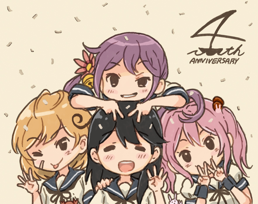 4girls :p akebono_(kantai_collection) anniversary bandaid bandaid_on_face beige_background bell black_hair closed_eyes comic crab double_v flower grin hair_bell hair_bobbles hair_flower hair_ornament hand_on_another's_shoulder hand_up hands_on_another's_head jingle_bell kantai_collection light_brown_hair long_hair looking_at_viewer multiple_girls neck_ribbon oboro_(kantai_collection) one_eye_closed open_mouth otoufu pink_hair purple_hair rabbit ribbon sazanami_(kantai_collection) school_uniform serafuku short_hair short_sleeves side_ponytail sidelocks smile tongue tongue_out twintails ushio_(kantai_collection) v very_long_hair violet_eyes wristband