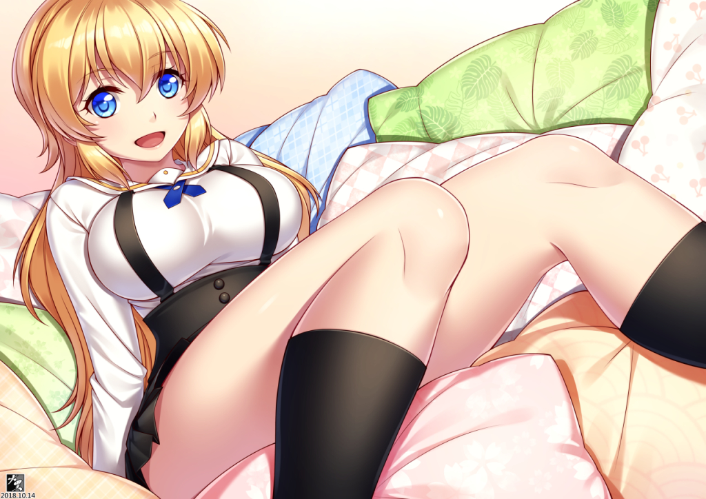 1girl black_footwear blonde_hair blue_eyes blush breasts large_breasts looking_at_viewer open_mouth pillow regalia_the_three_sacred_stars skirt smile socks solo yuinshiel_asteria zerg309