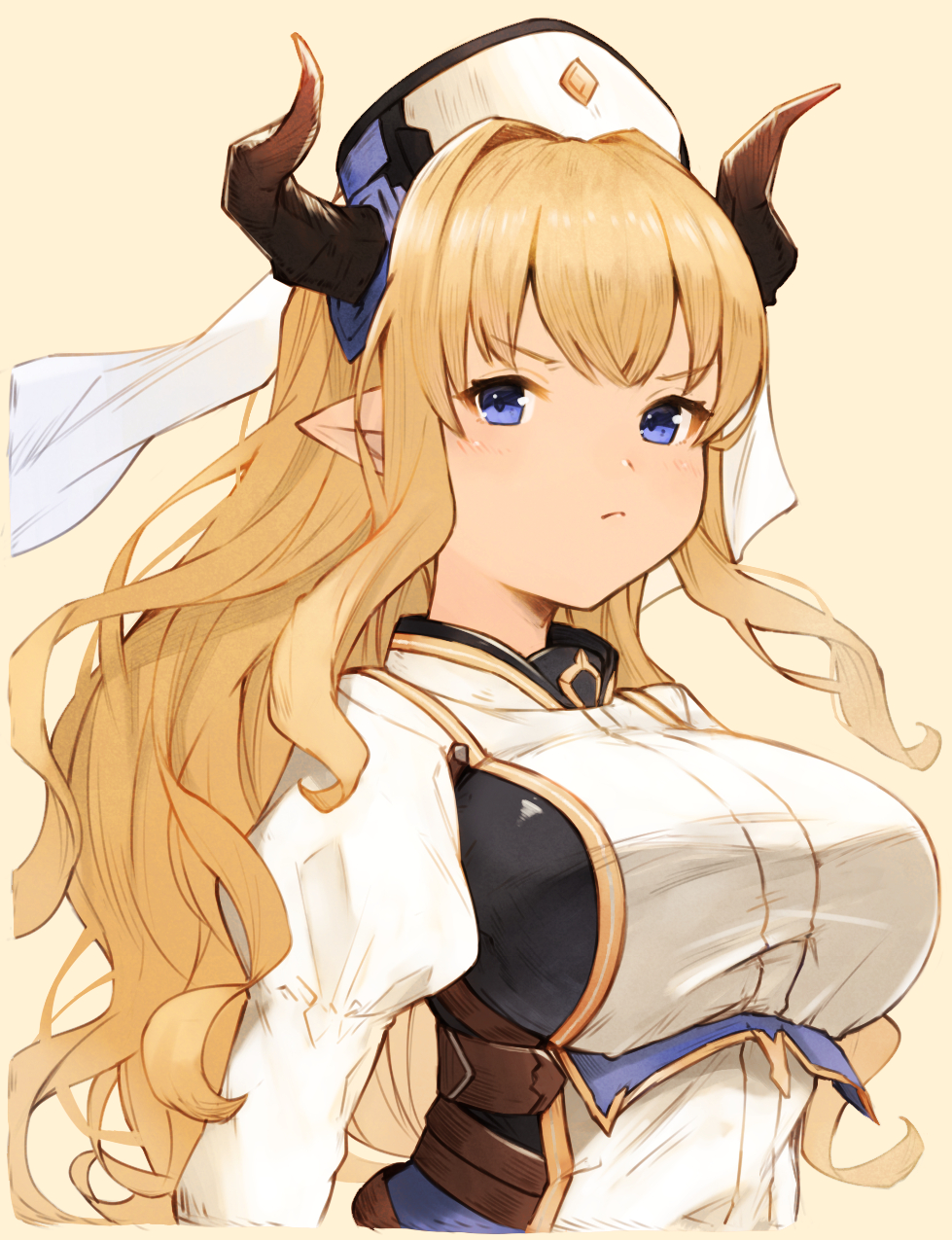 &gt;:t 1girl :t bangs blonde_hair blue_eyes blush breasts closed_mouth commentary_request draph eyebrows_visible_through_hair granblue_fantasy highres horns juliet_sleeves koretsuki_azuma long_hair long_sleeves looking_at_viewer medium_breasts pointy_ears pout puffy_sleeves rastina sidelocks simple_background solo upper_body v-shaped_eyebrows very_long_hair wavy_mouth yellow_background