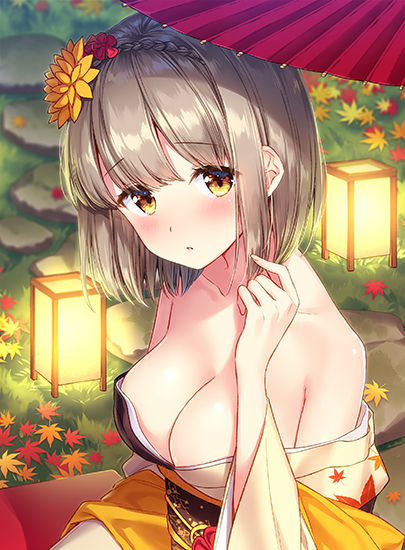 1girl armpit_crease bangs bare_shoulders blurry blush braid breasts cleavage clothes_down collarbone depth_of_field eyebrows_visible_through_hair flower grass hair_flower hair_ornament hand_up japanese_clothes kimono lantern leaf leaf_print long_sleeves looking_at_viewer maple_leaf maple_leaf_print masuishi_kinoto medium_breasts night no_bra obi off_shoulder official_art oriental_umbrella original outdoors parted_lips pavement print_kimono sash sidelocks silver_hair solo umbrella upper_body wide_sleeves yellow_eyes