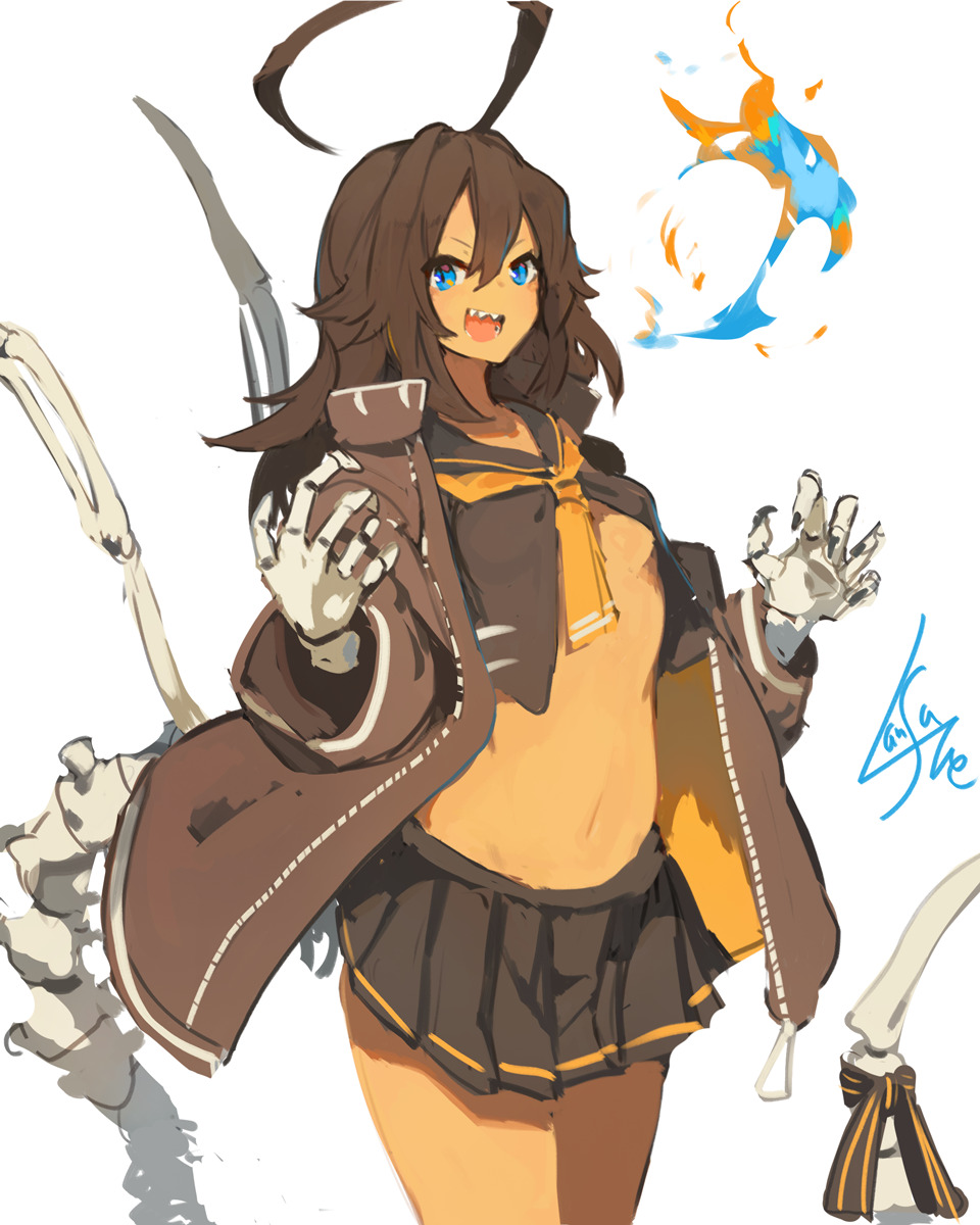 1girl :d ahoge bad_id bad_tumblr_id blue_eyes brown_hair brown_jacket colho_(lansane) cowboy_shot fire grey_skirt hair_between_eyes hands_up highres huge_ahoge jacket lansane long_sleeves looking_at_viewer navel open_clothes open_jacket open_mouth pleated_skirt sharp_teeth signature simple_background skirt smile solo standing tail teeth white_background wings