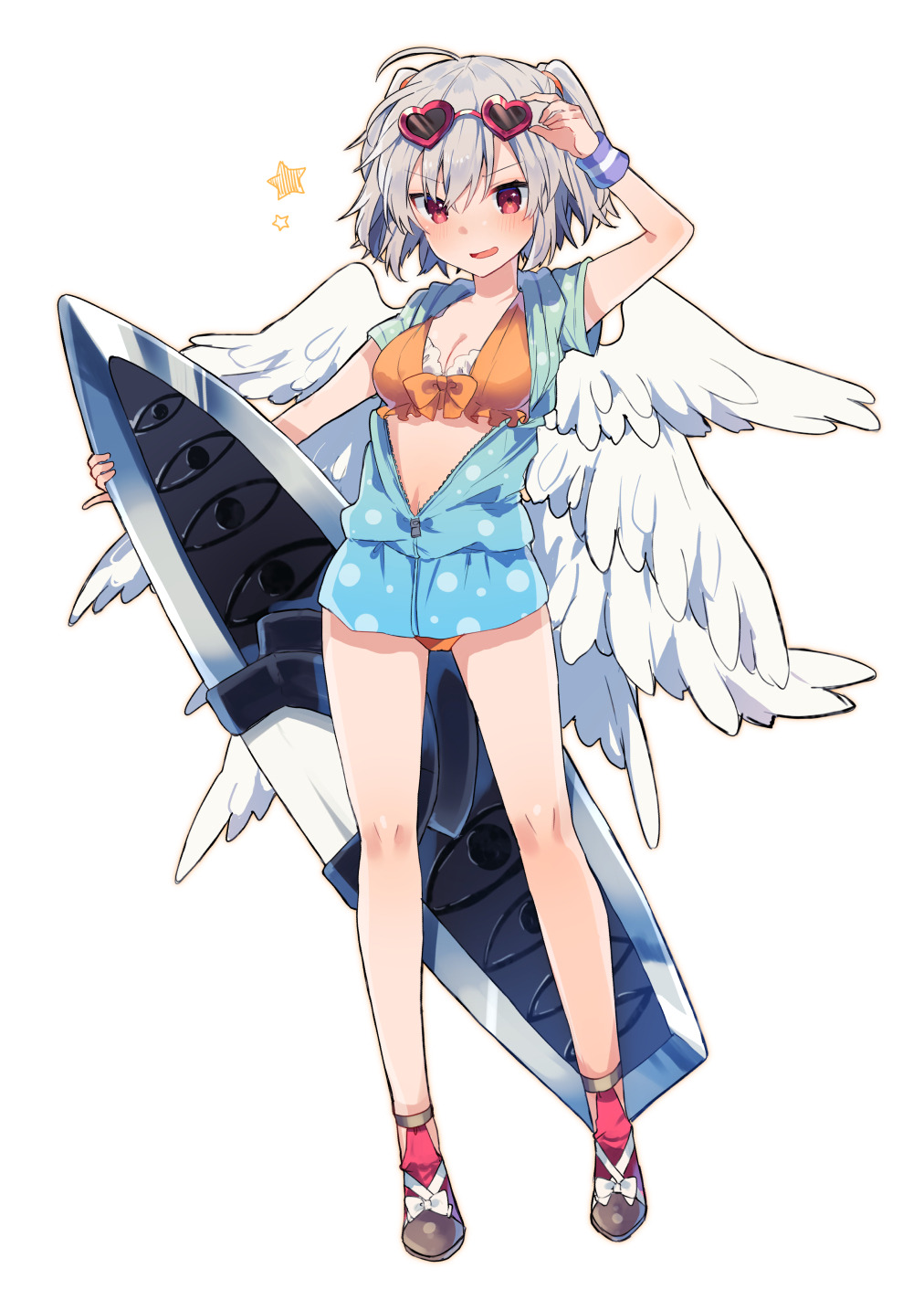 1girl :d adjusting_eyewear ahoge angel_chromosome_xx angel_wings bikini blue_jacket blush contrapposto eyewear_on_head frilled_bikini frills full_body grey_hair hand_up heart heart-shaped_eyewear highres holding ikeuchi_tanuma jacket looking_at_viewer multiple_wings open_clothes open_jacket open_mouth orange_bikini red_eyes red_footwear seraph shoes short_sleeves simple_background smile solo standing star sunglasses surfboard swimsuit tabris-xx two_side_up white_background white_wings wings wristband