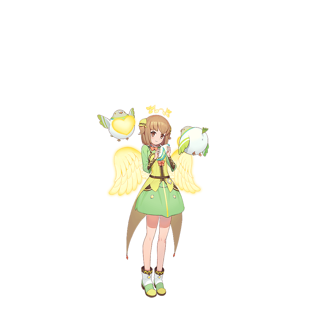1girl angel_rock:feel_girls_emotion bird brown_eyes brown_hair bun_cover dress eighth_note full_body green_dress green_skirt halo heart looking_at_viewer medium_hair musical_note official_art shoes skirt smile standing wings yellow_wings
