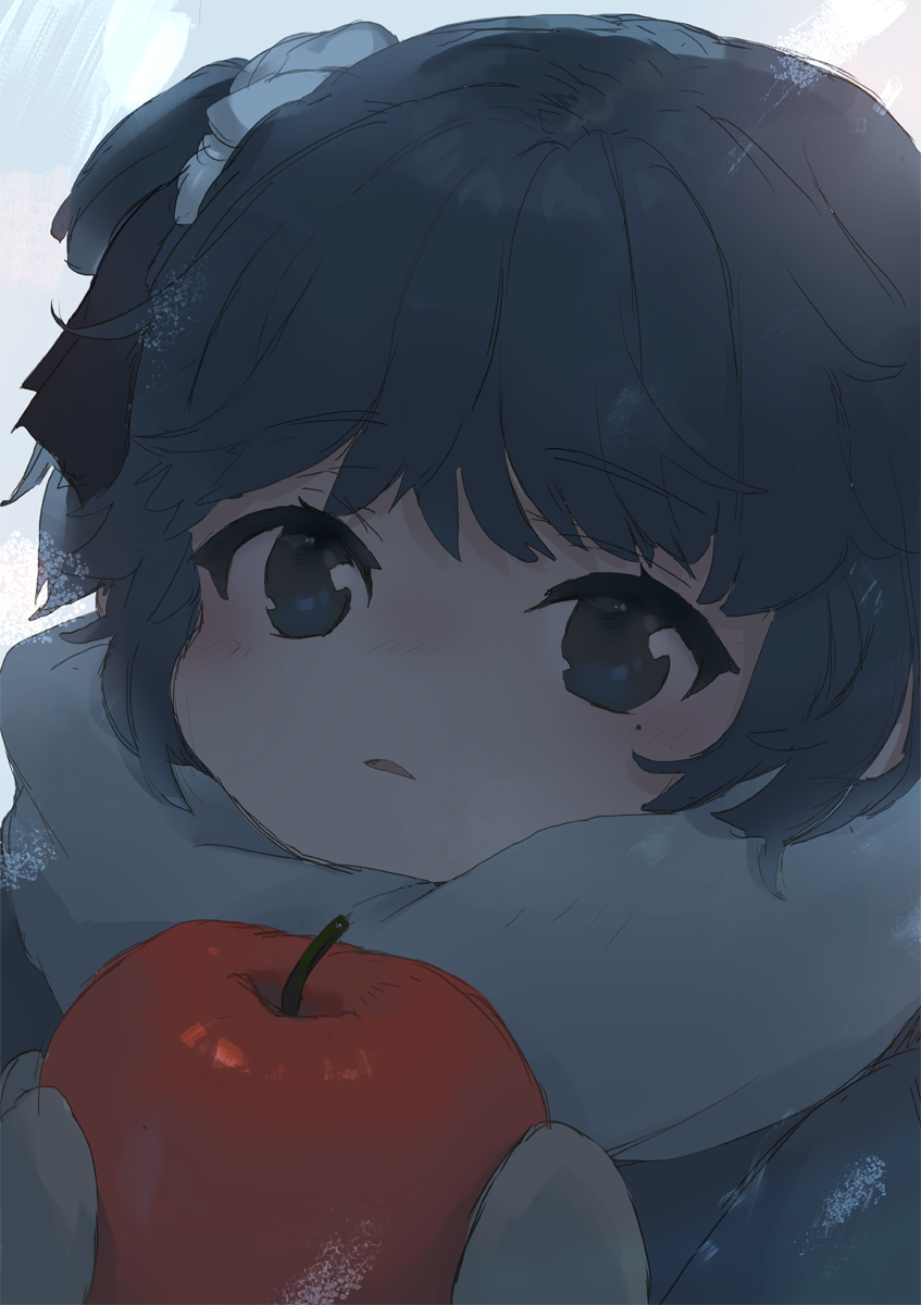 1girl bangs black_ribbon blush brown_eyes brown_hair commentary_request eyebrows_visible_through_hair food fruit grey_jacket hair_ribbon hands_up hatoba_tsugu hatoba_tsugu_(character) highres holding holding_food holding_fruit jacket looking_at_viewer mittens mole mole_under_eye parted_lips red_apple ribbon scarf sha2mo solo virtual_youtuber white_mittens white_scarf