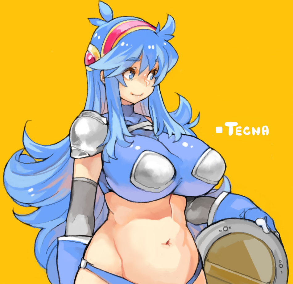 1girl blue_eyes blue_hair borrowed_character breasts hairband huge_breasts impossible_clothes impossible_shirt large_breasts long_hair navel original sachito shield shirt solo tecna