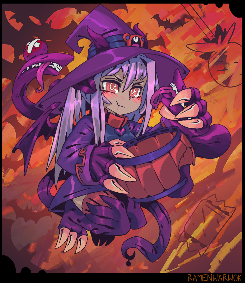 1girl :t artist_name bat black_border blush border bump claws closed_mouth commentary commentary_request dragon_girl dragon_horns dragon_tail dress english_commentary fewer_digits floating hair_between_eyes halloween hat head_bump horns long_hair long_sleeves looking_at_viewer monster_girl monster_girl_encyclopedia purple_dress purple_hair purple_hat ramenwarwok red_eyes signature simple_background tail tentacle tumblr_username witch_hat