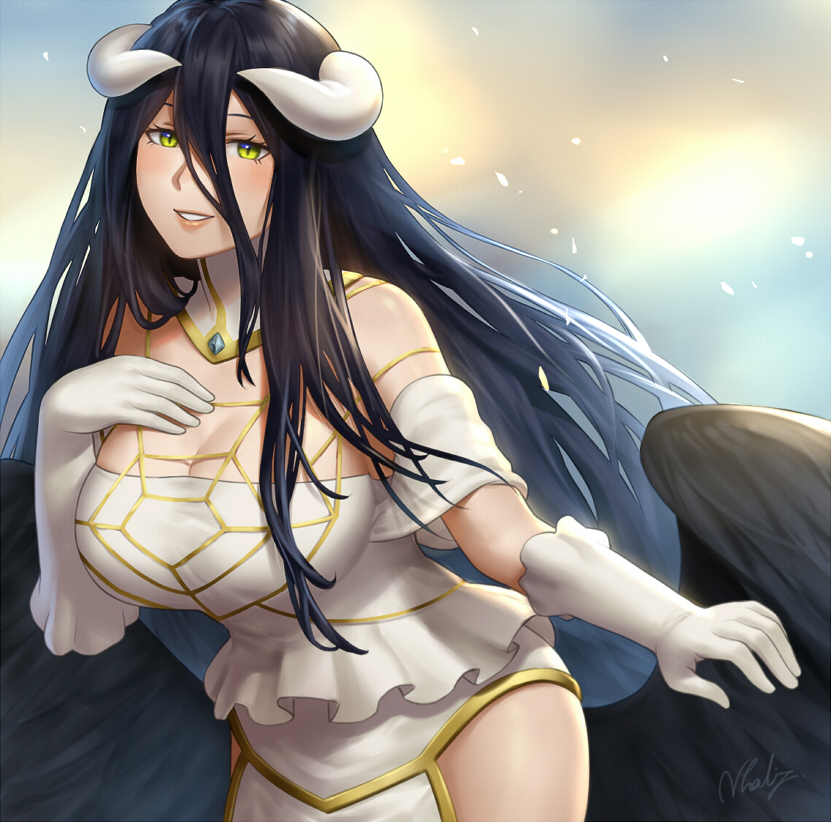 1girl albedo bangs bare_shoulders black_feathers black_hair black_wings breasts cleavage collarbone demon_girl demon_horns demon_wings detached_collar dress elbow_gloves feathered_wings feathers gloves hair_between_eyes hip_vent horns large_breasts long_hair looking_at_viewer low_wings natsuyu open_mouth overlord_(maruyama) simple_background slit_pupils smile very_long_hair white_dress white_gloves wings yellow_eyes