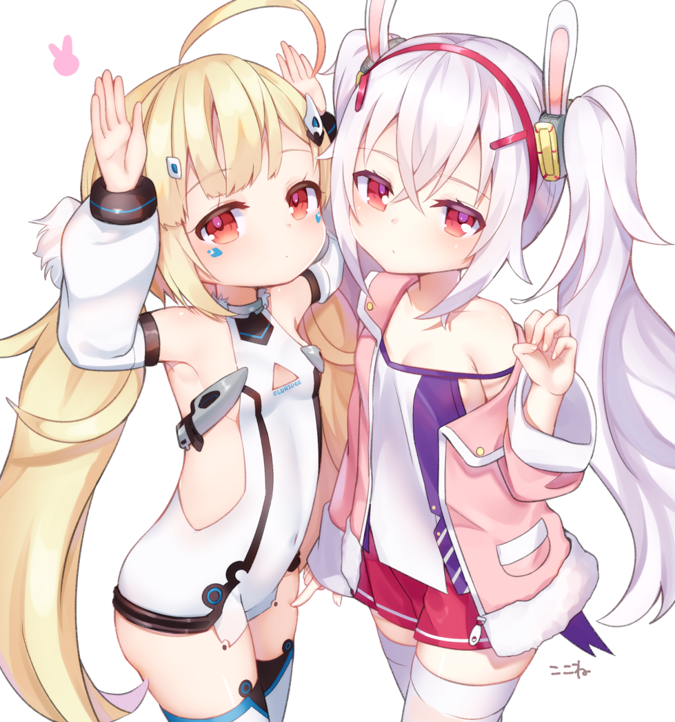 2girls ahoge animal_ears armpits azur_lane bare_shoulders blonde_hair breasts bunny_pose camisole character_name closed_mouth commentary_request detached_sleeves dress eldridge_(azur_lane) expressionless eyebrows_visible_through_hair hair_between_eyes hair_ornament hairband jacket koko_ne_(user_fpm6842) laffey_(azur_lane) long_hair long_sleeves looking_at_viewer low_twintails multiple_girls off_shoulder pink_jacket pleated_skirt pocket poking puffy_long_sleeves puffy_sleeves rabbit_ears red_eyes red_hairband red_skirt silver_hair simple_background skirt sleeveless sleeveless_dress small_breasts thigh-highs twintails very_long_hair white_background white_camisole white_dress white_legwear white_sleeves zettai_ryouiki