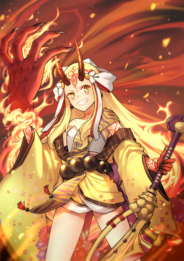 1girl arm_up bare_shoulders blonde_hair collarbone commentary_request facial_mark fate/grand_order fate_(series) fire forehead_mark grin holding holding_sword holding_weapon horns ibaraki_douji_(fate/grand_order) japanese_clothes kimono long_hair long_sleeves niu_illuminator off_shoulder oni oni_horns short_kimono smile solo standing sword uneven_eyes very_long_hair weapon wide_sleeves yellow_eyes yellow_kimono