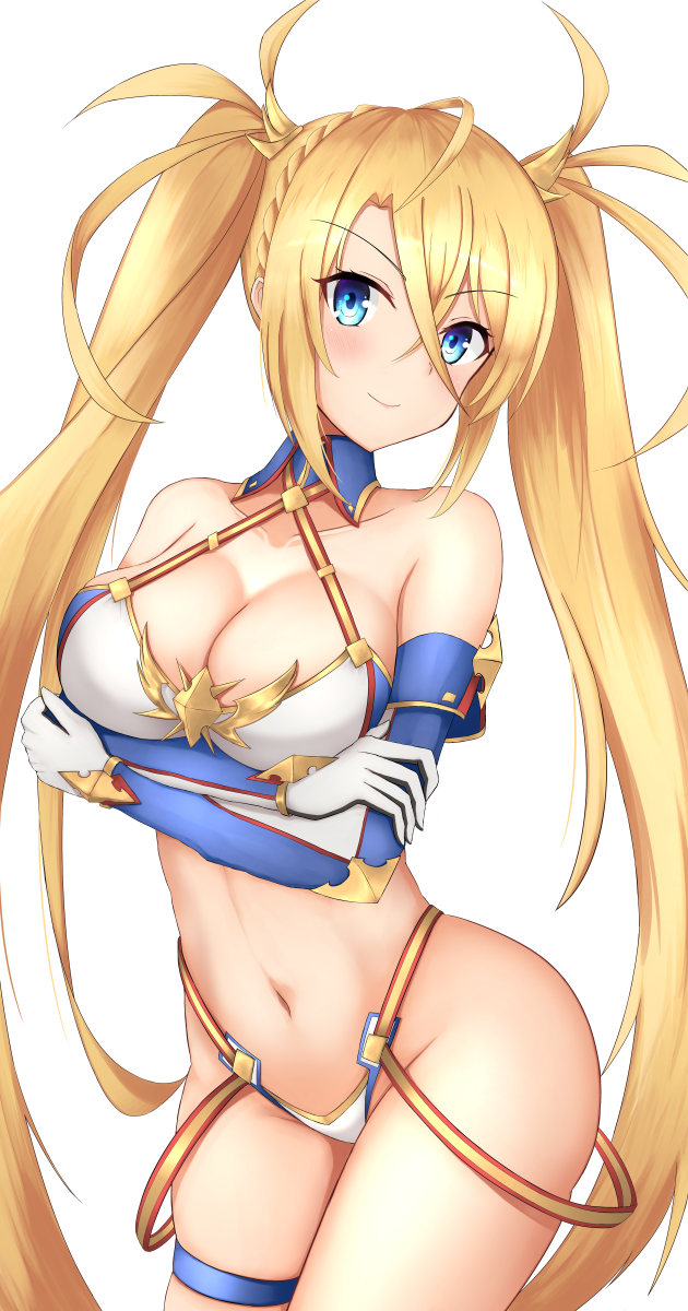 1girl bangs bare_shoulders bikini blonde_hair blue_bikini blue_eyes blush bradamante_(fate/grand_order) braid breast_hold breasts cleavage closed_mouth collarbone crossed_arms elbow_gloves fate/grand_order fate_(series) french_braid gloves hair_between_eyes hair_ornament halterneck highres hips long_hair looking_at_viewer nankaichimu navel simple_background smile solo swimsuit thigh_strap thighs twintails two-tone_bikini very_long_hair white_background white_bikini