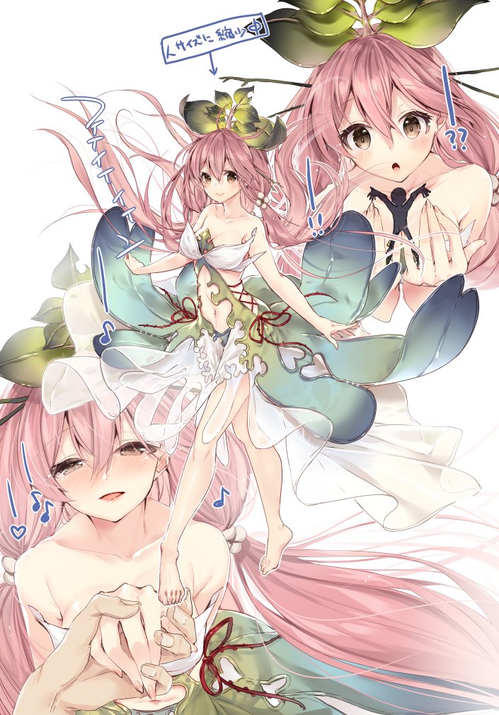 1boy 1girl 218 blush breasts brown_eyes cleavage closed_mouth dress floral_dress full_body giantess granblue_fantasy green_dress hair_between_eyes holding_hand holding_person long_hair looking_at_another looking_at_viewer low_twintails medium_breasts multiple_views open_mouth petals pink_hair plant_girl pov revealing_clothes silhouette simple_background size_difference smile solo_focus strapless strapless_dress translation_request twintails very_long_hair white_background white_dress yggdrasil_(granblue_fantasy)