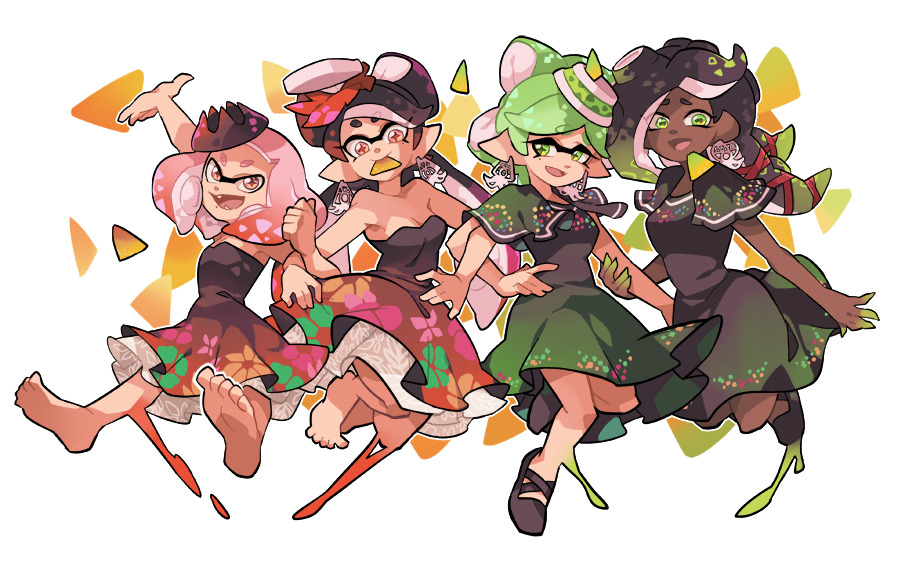 +_+ 4girls :d aori_(splatoon) arm_grab arm_up bangs bare_shoulders barefoot black_capelet black_footwear black_hair black_skin blunt_bangs breasts capelet cephalopod_eyes cleavage commentary cousins crown domino_mask dress earrings english_commentary fang fangs floral_print food food_in_mouth food_on_head gradient_hair green_eyes green_hair grey_hair hand_on_hip hime_(splatoon) hotaru_(splatoon) iida_(splatoon) jewelry jumping locked_arms long_hair looking_at_another looking_at_viewer looking_back makeup mascara mask medium_breasts medium_dress medium_hair mole mole_under_eye mouth_hold multicolored multicolored_hair multicolored_skin multiple_girls nachos object_on_head octarian open_mouth paint_splatter petticoat pink_eyes pink_hair pointy_ears print_dress shoes short_hair sleeveless sleeveless_dress smile splatoon splatoon_(series) splatoon_1 splatoon_2 standing strapless strapless_dress suction_cups sushi tentacle_hair white_background wong_ying_chee