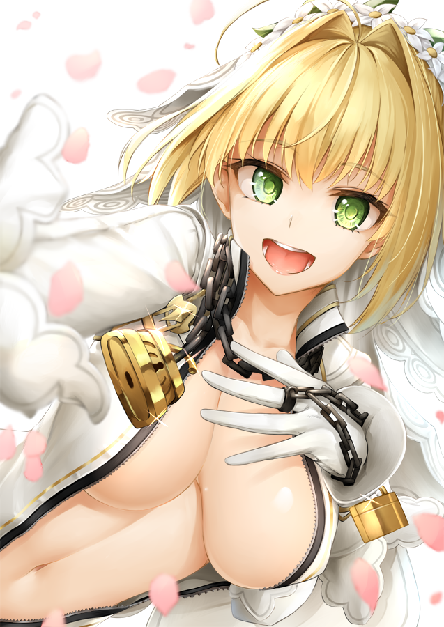 1girl blonde_hair bodysuit breasts chains commentary_request eyebrows_visible_through_hair fate/grand_order fate_(series) gloves green_eyes kitagawa_onitarou large_breasts looking_at_viewer nero_claudius_(bride)_(fate) nero_claudius_(fate)_(all) open_mouth solo white_bodysuit white_gloves zipper