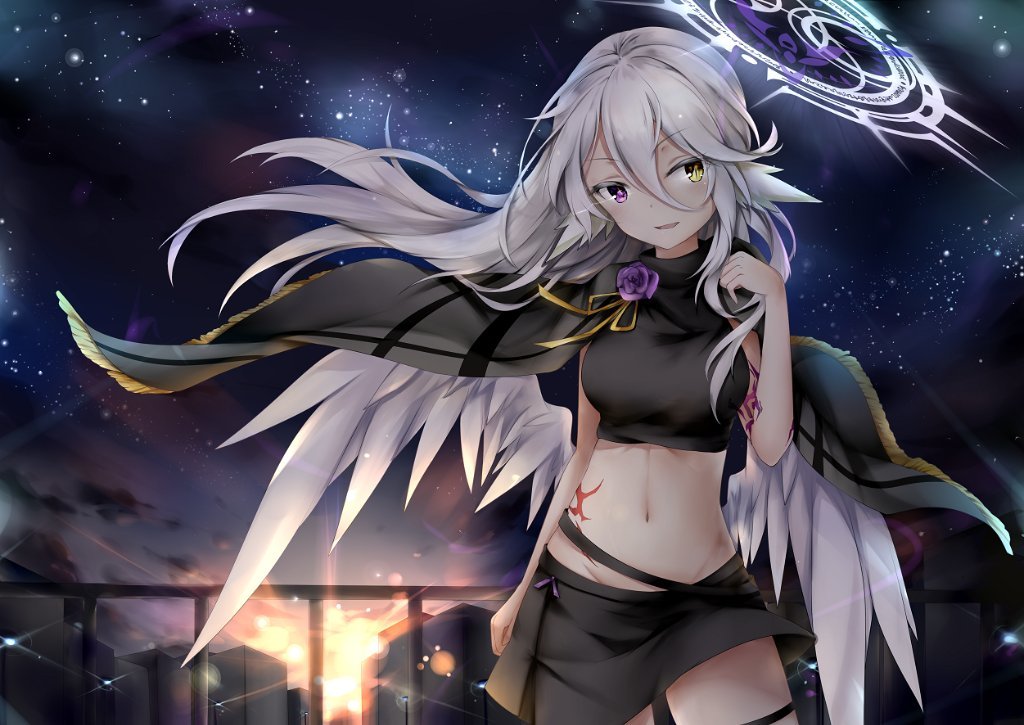 1girl angel_wings breasts crop_top feathered_wings flower halo heterochromia ikasoke_(likerm6au) long_hair low_wings magic_circle medium_breasts midriff navel no_game_no_life open_mouth ribbon skirt solo tattoo violet_eyes white_wings wing_ears wings yellow_eyes