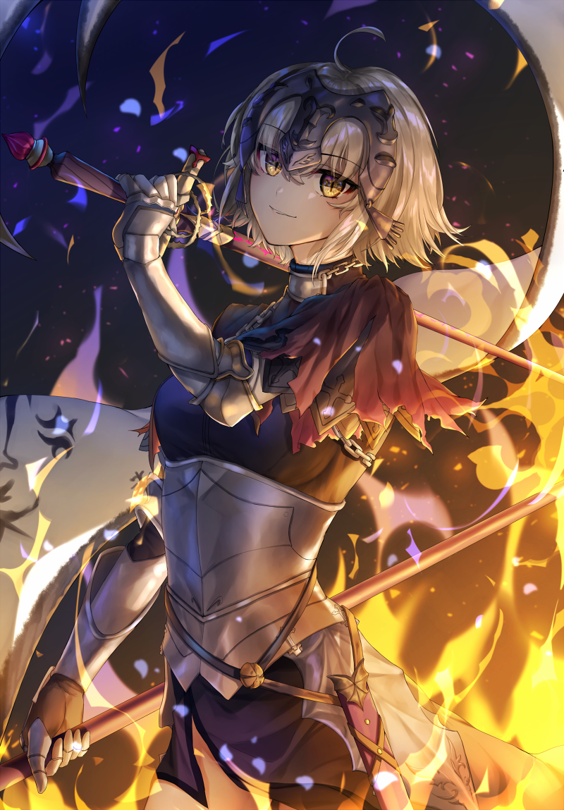 1girl ahoge armor banner blonde_hair breasts cowboy_shot eyebrows_visible_through_hair fate/grand_order fate_(series) gauntlets headpiece hm_(wonhml) holding holding_sword holding_weapon jeanne_d'arc_(alter)_(fate) jeanne_d'arc_(fate)_(all) looking_at_viewer medium_breasts pixiv_fate/grand_order_contest_2 short_hair slit_pupils smile solo standing sword weapon yellow_eyes