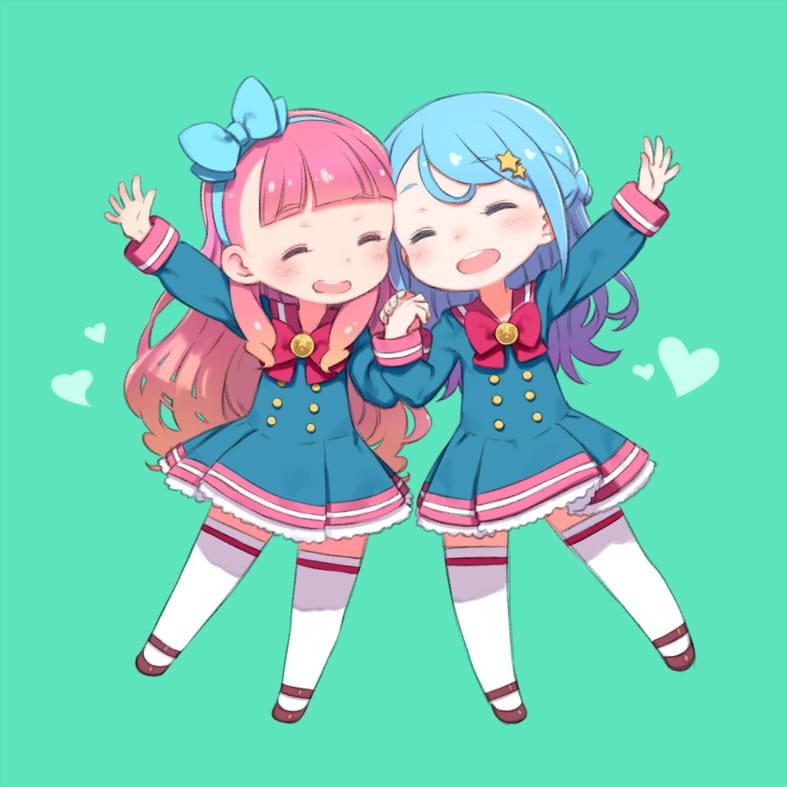 2girls aikatsu!_(series) aikatsu_friends! bangs blunt_bangs bow braid chibi closed_eyes gradient_hair hair_bow hair_ornament hairband hand_holding hands_in_air happy heart kuroboshi_kouhaku long_hair minato_mio multicolored_hair multiple_girls open_mouth ribbon school_uniform shoes simple_background standing standing_on_one_leg star star_hair_ornament thigh-highs yuuki_aine