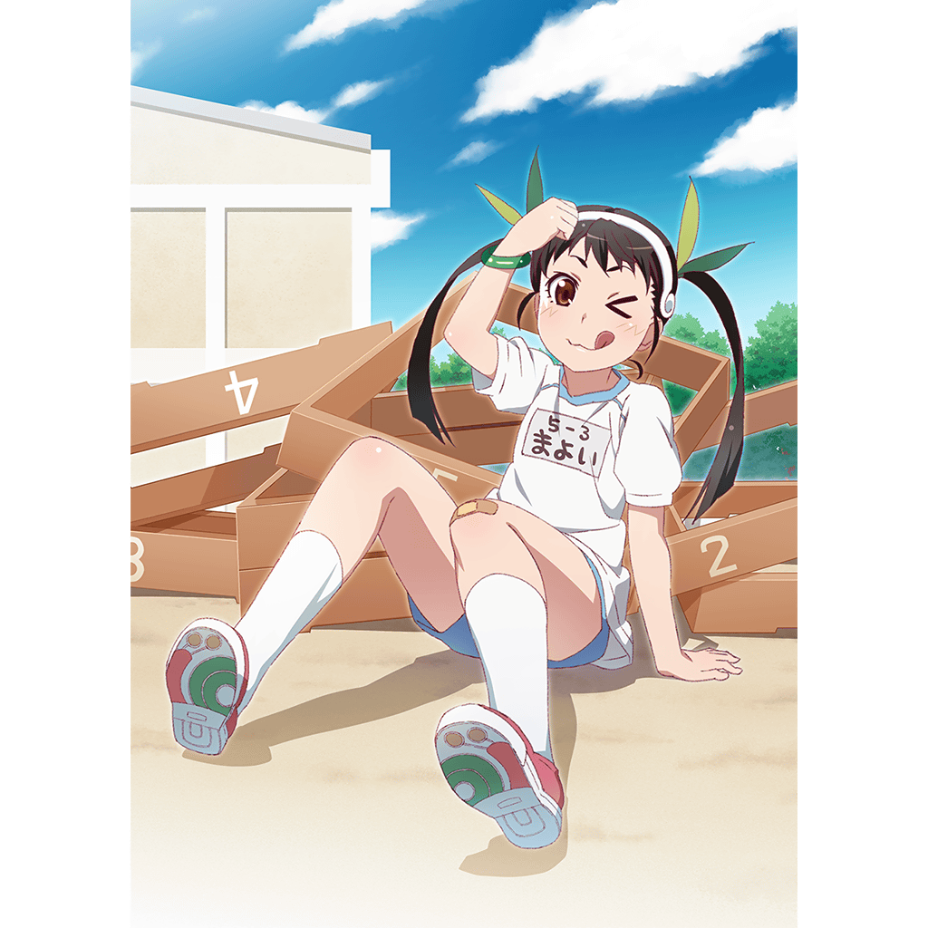 bow bracelet gym_shirt gym_shorts gym_uniform hachikuji_mayoi hair_bow hairband jewelry monogatari_(series) outdoors shirt shorts sitting socks twintails watanabe_akio white_legwear