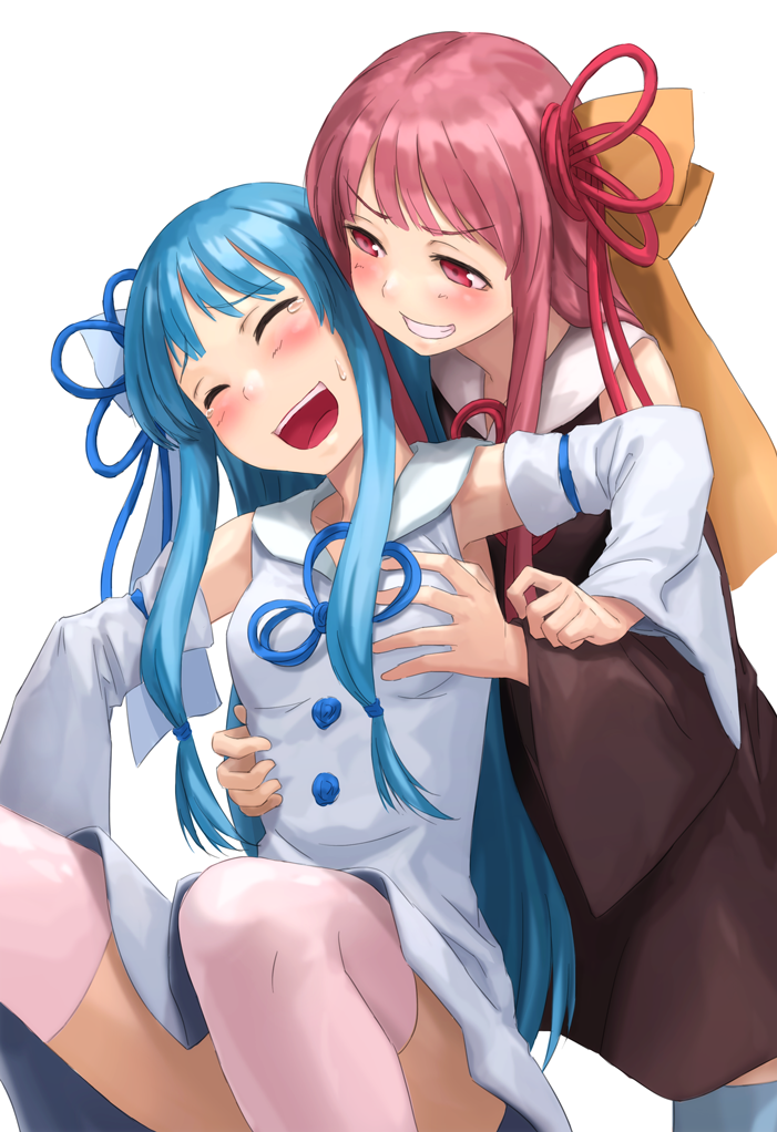 2girls :d ^_^ bangs blue_hair blue_legwear blush breast_grab breasts brown_dress closed_eyes closed_eyes detached_sleeves dress eyebrows_visible_through_hair furrowed_eyebrows grabbing grin groping hair_ornament incest kotonoha_akane kotonoha_aoi kurione_(zassou) long_hair long_sleeves multiple_girls open_mouth pink_eyes pink_hair pink_legwear siblings simple_background sisters sleeveless sleeveless_dress small_breasts smile straight_hair tears teeth thigh-highs v-shaped_eyebrows voiceroid white_background white_dress wide_sleeves yuri