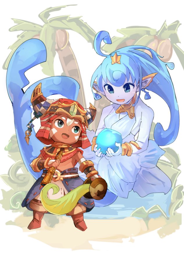 1boy 1girl ahoge blue_eyes blue_skin dark_skin dark_skinned_male ever_oasis geetgeet horned_headwear horns isuna_(ever_oasis) jewelry mermaid monster_girl pointy_ears sword tethu tree water weapon