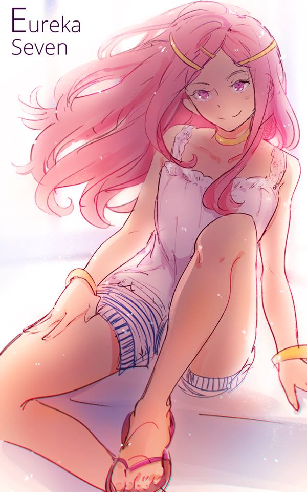 1girl anemone_(eureka_seven) bad_id bad_pixiv_id choker collar eureka_seven eureka_seven_(series) feet hair_ornament hairclip k_(sktchblg) long_hair pink_eyes pink_hair sandals shorts solo