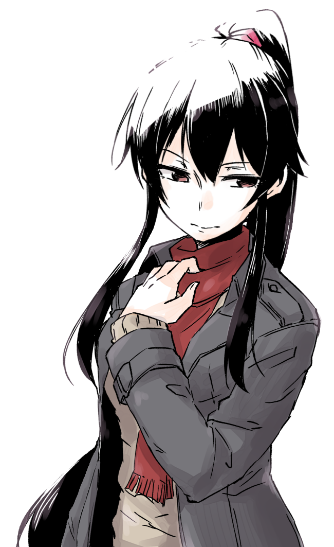 1girl alternate_costume bangs black_hair casual closed_mouth coat grey_coat kantai_collection long_hair ponytail red_eyes red_scarf rindou_(rindou_annon) scarf sidelocks simple_background solo sweater white_background yahagi_(kantai_collection)