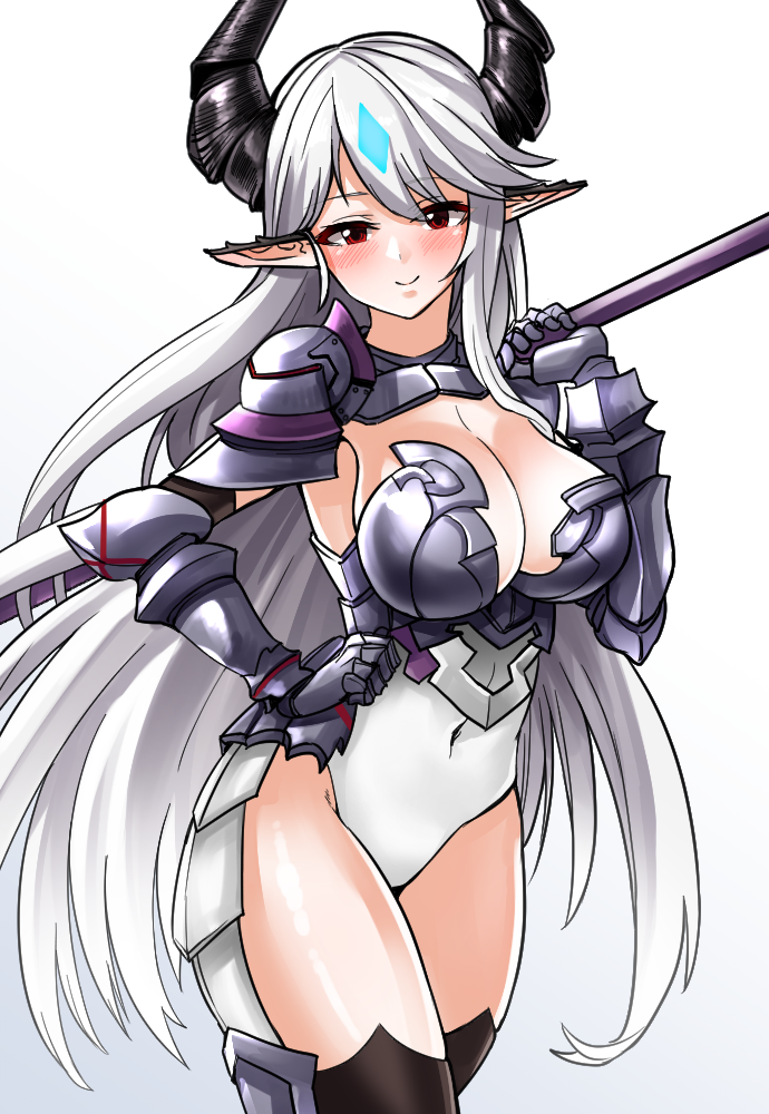 1girl black_legwear blush breasts covered_navel epic7 gauntlets hand_on_hip holding holding_polearm holding_weapon horns large_breasts leotard long_hair looking_at_viewer luna_(epic7) pointy_ears polearm red_eyes simple_background smile solo standing thigh-highs very_long_hair weapon white_hair white_leotard yong-gok