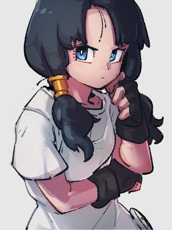1girl black_gloves black_hair blue_eyes closed_mouth dragon_ball dragon_ball_z fingerless_gloves gloves grey_background kemachiku looking_at_viewer shirt short_sleeves simple_background solo t-shirt twintails videl white_shirt