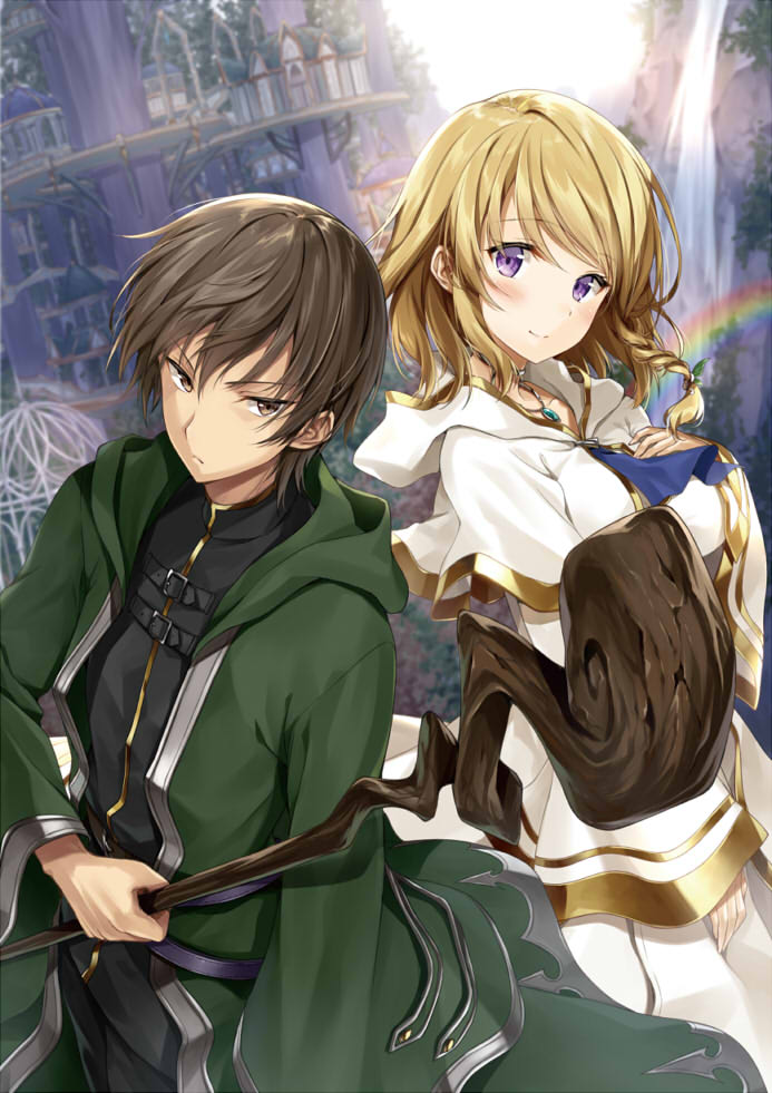 1boy 1girl bangs belt black_pants black_shirt blonde_hair blue_neckwear blush braid breasts brown_eyes brown_hair building cage capelet choker cloak closed_mouth collarbone commentary_request cover cover_page day eyebrows_visible_through_hair gold_trim green_cloak hair_ornament hand_on_own_chest hand_up head_tilt holding holding_staff hood hood_down hooded_cloak jewelry kakao_rantan large_breasts long_sleeves looking_at_viewer necklace novel_cover novel_illustration official_art open_clothes original outdoors pants pendant rainbow robe shirt short_hair sidelocks sleeves_past_wrists smile staff v-shaped_eyebrows violet_eyes water waterfall white_robe wide_sleeves