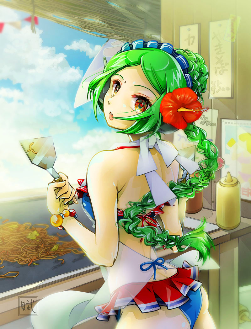 105mitsugi 1girl :o android apron bare_arms bikini bracelet braid braided_bun breasts commentary_request cooking flower gintama green_hair hair_flower hair_ornament holding jewelry long_hair looking_back medium_breasts open_mouth solo swimsuit tama_(gintama) white_apron