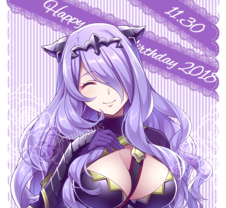 1girl black_armor breasts camilla_(fire_emblem_if) closed_eyes fire_emblem fire_emblem_heroes fire_emblem_if hair_over_one_eye hiyori_(rindou66) large_breasts long_hair nintendo purple_hair solo tiara very_long_hair wavy_hair