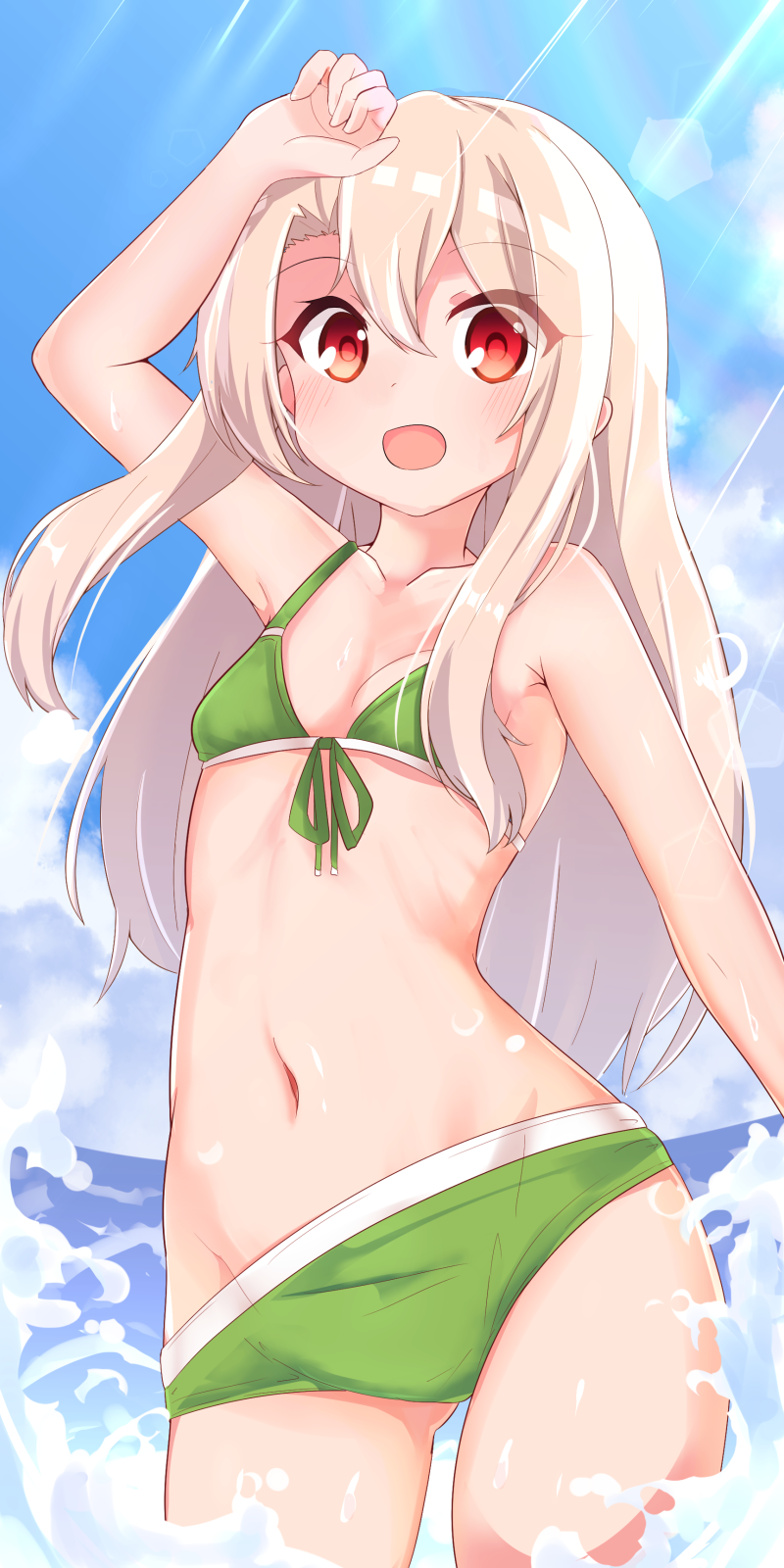 1girl arm_up bangs bare_shoulders bikini blue_sky blush breasts chawan_(yultutari) collarbone eyelashes fate/kaleid_liner_prisma_illya fate_(series) green_bikini hair_between_eyes highres illyasviel_von_einzbern long_hair looking_at_viewer navel ocean open_mouth red_eyes sky small_breasts smile solo sunlight swimsuit thighs white_hair