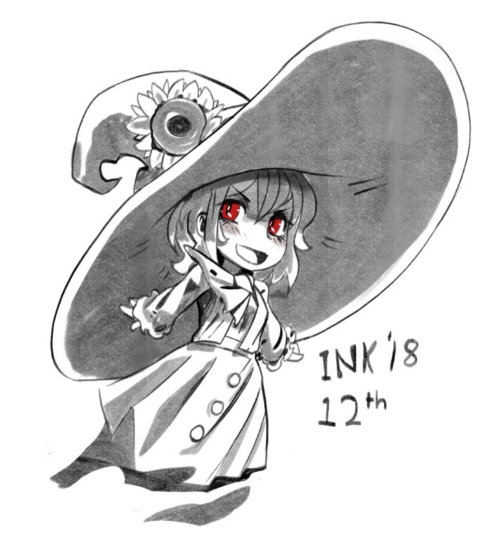1girl :d big_hat blush bright_pupils character_request copyright_request dated dress flower greyscale halloween hat hat_flower inktober looking_at_viewer monochrome open_mouth ramenwarwok red_eyes simple_background smile spot_color sunflower white_background