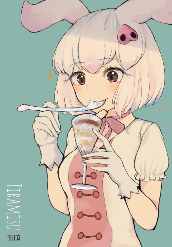 1girl animal_ears commentary_request dnsdltkfkd eating eyebrows_visible_through_hair glass gloves kemono_friends korean_commentary neck_ribbon pig_(kemono_friends) pig_ears pig_nose pink_hair puffy_short_sleeves puffy_sleeves ribbon short_hair short_sleeves solo sparkle spoon spoon_in_mouth tiramisu upper_body