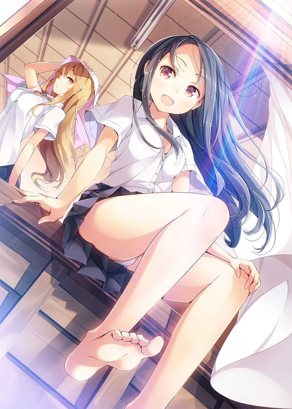 2girls :d barefoot black_hair black_skirt brown_eyes classroom dutch_angle feet from_below halogen hand_on_own_knee highres lens_flare long_hair looking_at_viewer matsuuni medium_breats multiple_girls open_mouth original panties pantyshot pantyshot_(sitting) shirt sitting skirt smile soles toes towel underwear uniform very_long_hair white_shirt