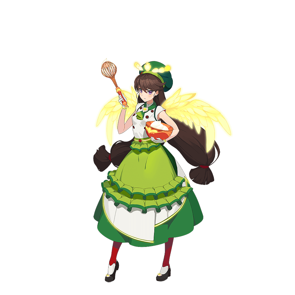 1girl angel_rock:feel_girls_emotion black_footwear brown_hair frills frown full_body gloves green_hat green_neckwear green_skirt halo hat long_hair mixing_bowl official_art red_legwear shoes short_sleeves skirt standing twintails very_long_hair violet_eyes whisk white_gloves wings yellow_wings