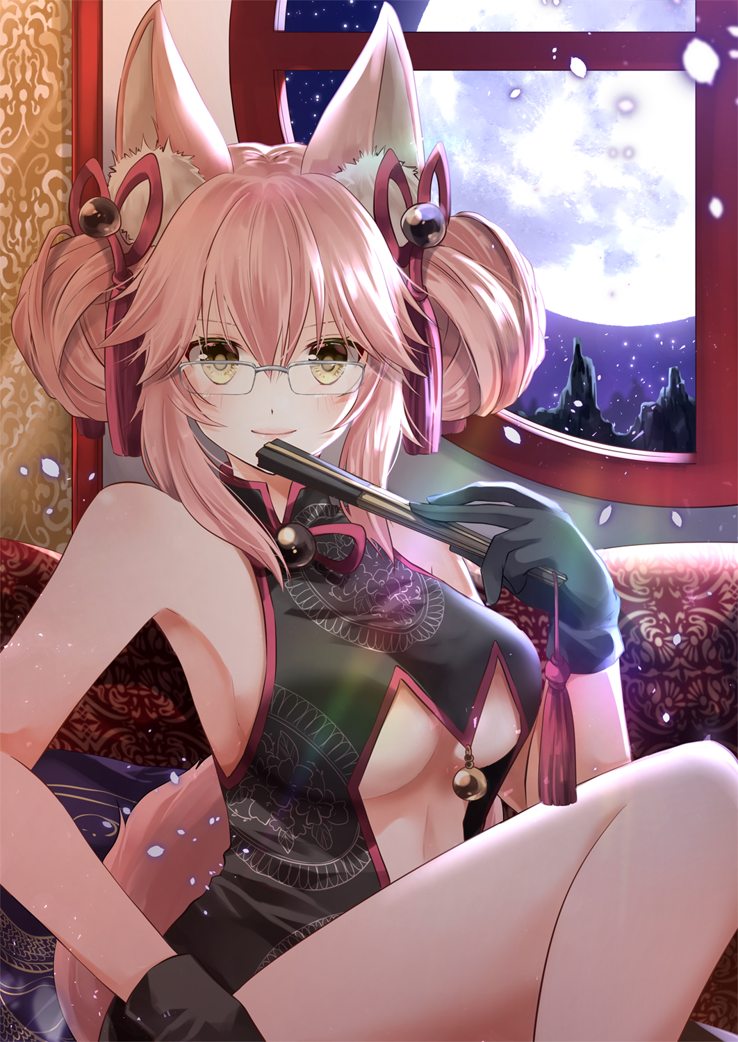 1girl animal_ear_fluff animal_ears bangs bare_shoulders bell black_dress black_gloves blush breasts center_opening china_dress chinese_clothes cleavage cleavage_cutout closed_mouth commentary_request dress eyebrows_visible_through_hair fan fate/grand_order fate_(series) folding_fan fox_ears glasses gloves hair_between_eyes hair_ornament highres holding iroha_(shiki) jingle_bell koyanskaya large_breasts looking_at_viewer pink_hair sidelocks smile solo tamamo_(assassin)_(fate) tamamo_(fate)_(all) type-moon under_boob yellow_eyes